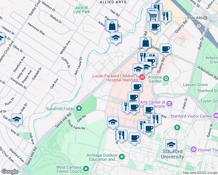 map of restaurants, bars, coffee shops, grocery stores, and more near 1100 Welch Road in Palo Alto