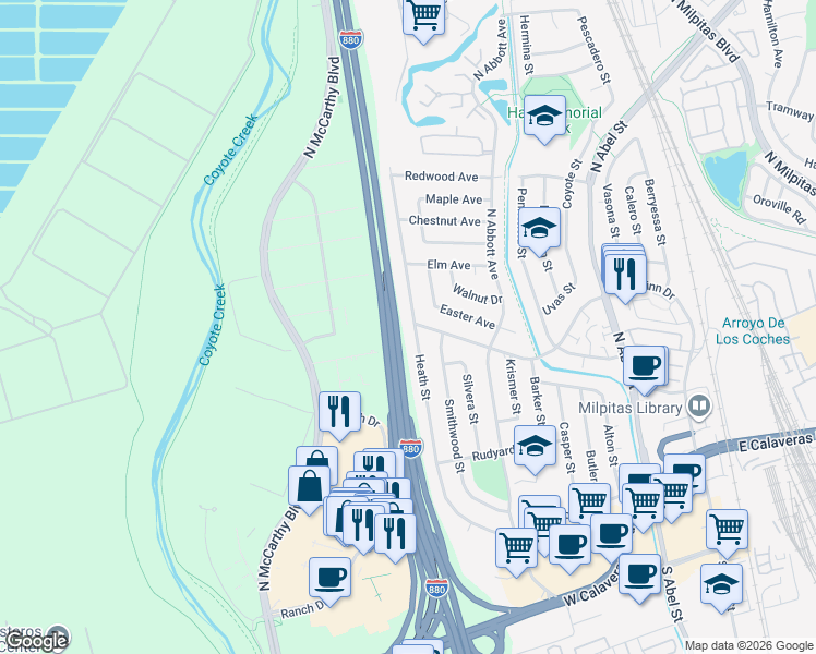 map of restaurants, bars, coffee shops, grocery stores, and more near 409 Heath Street in Milpitas