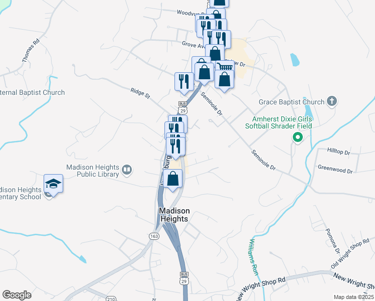 map of restaurants, bars, coffee shops, grocery stores, and more near 4993 South Amherst Highway in Madison Heights