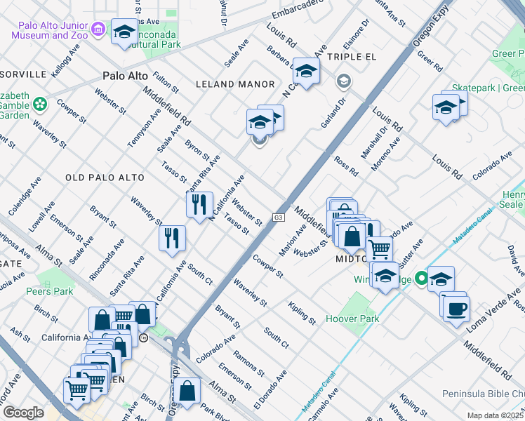 map of restaurants, bars, coffee shops, grocery stores, and more near 2350 Byron Street in Palo Alto