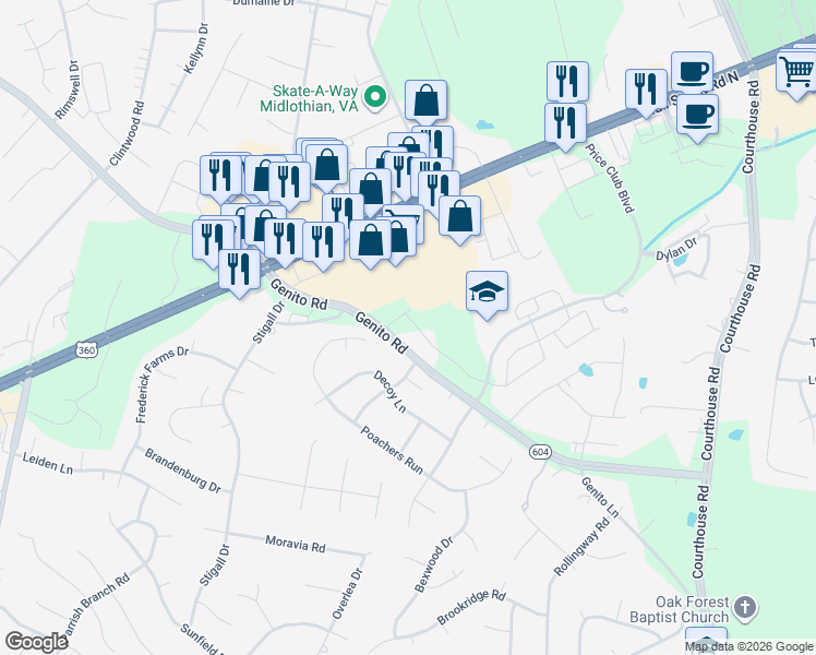 map of restaurants, bars, coffee shops, grocery stores, and more near 10800 Genito Road in Chesterfield