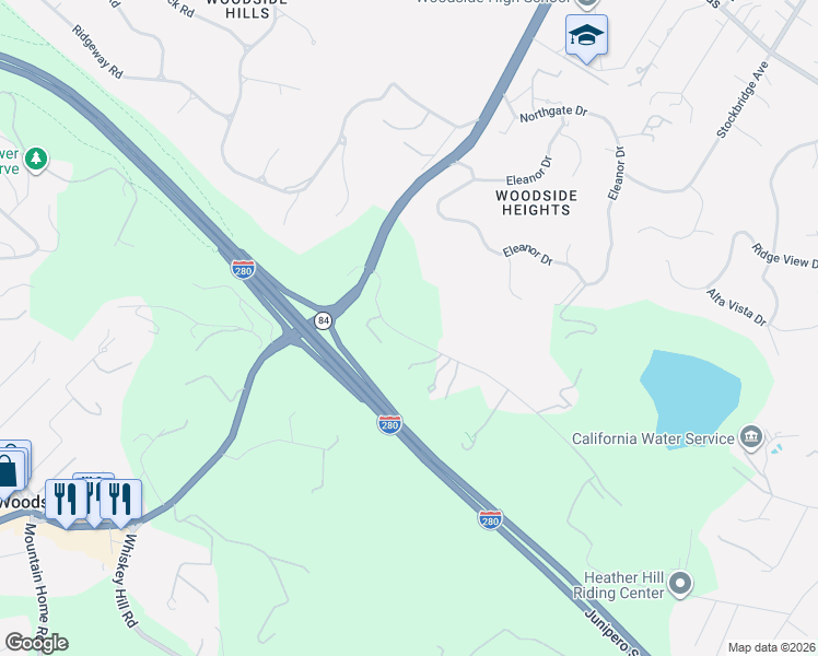 map of restaurants, bars, coffee shops, grocery stores, and more near 600 Moore Road in Woodside
