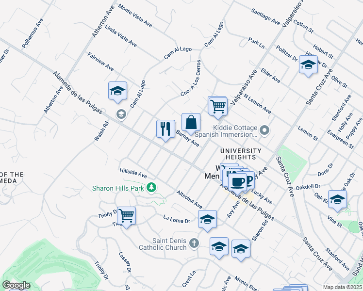 map of restaurants, bars, coffee shops, grocery stores, and more near 2071 Camino De Los Robles in Menlo Park