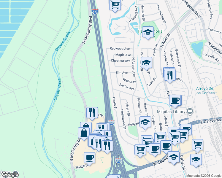 map of restaurants, bars, coffee shops, grocery stores, and more near 409 Heath Street in Milpitas