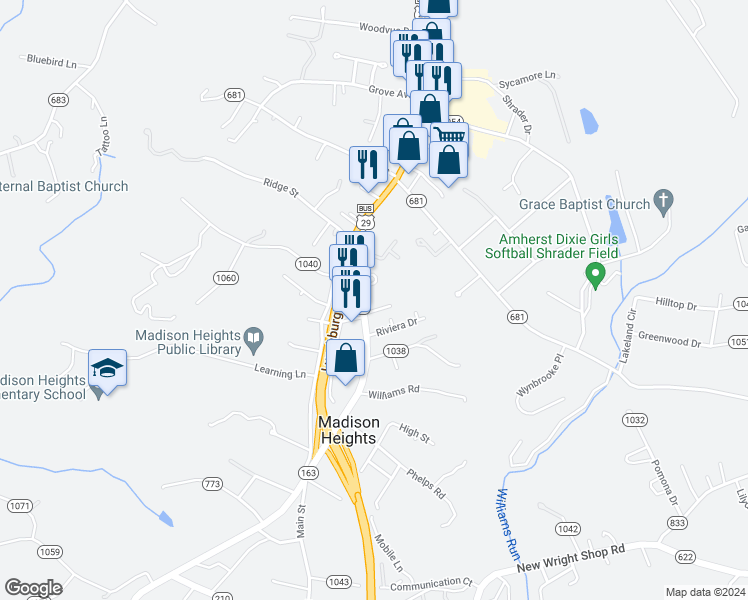 map of restaurants, bars, coffee shops, grocery stores, and more near 4993 South Amherst Highway in Madison Heights