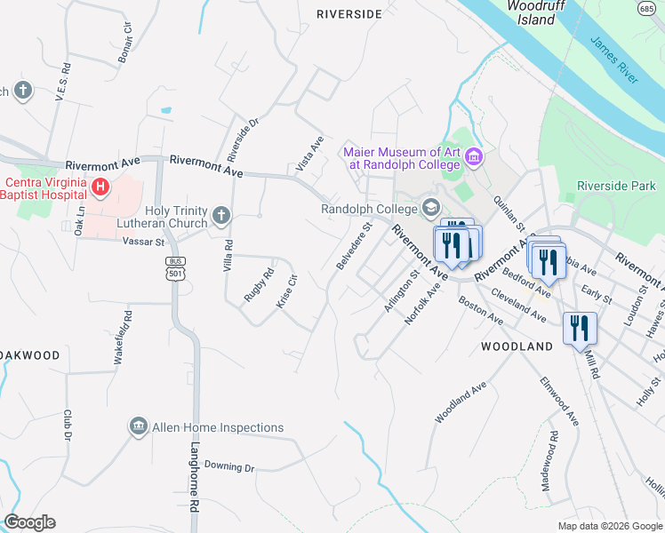 map of restaurants, bars, coffee shops, grocery stores, and more near 311 Rowland Dr in Lynchburg
