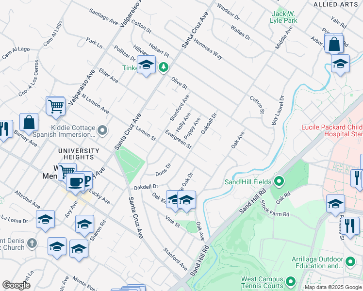 map of restaurants, bars, coffee shops, grocery stores, and more near 705 Evergreen Street in Menlo Park