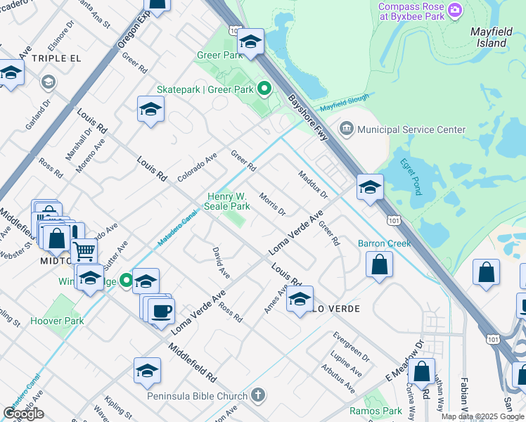 map of restaurants, bars, coffee shops, grocery stores, and more near 3161 Stockton Place in Palo Alto