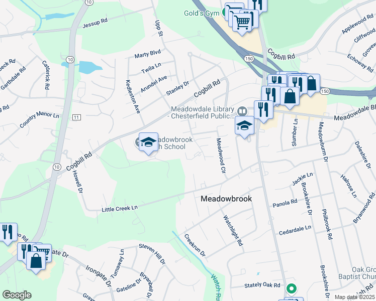 map of restaurants, bars, coffee shops, grocery stores, and more near 4736 Brimley Place in Richmond