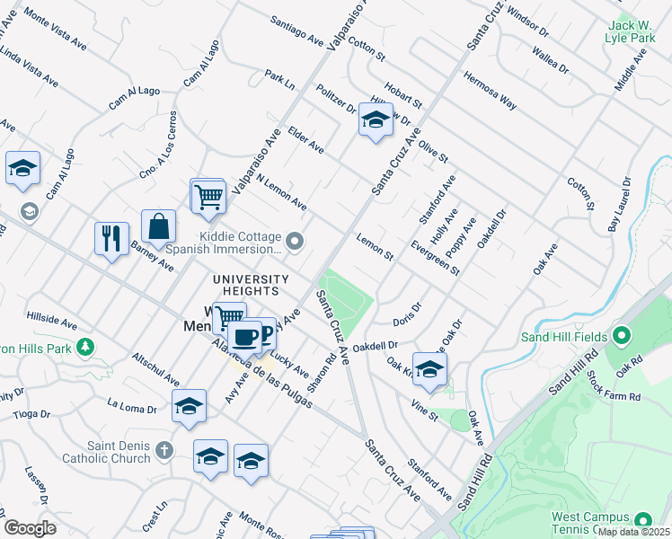 map of restaurants, bars, coffee shops, grocery stores, and more near 1843 Santa Cruz Avenue in Menlo Park