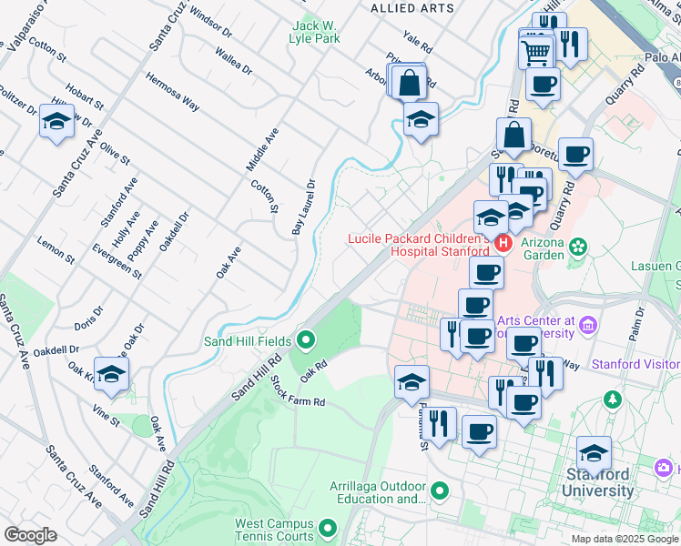 map of restaurants, bars, coffee shops, grocery stores, and more near 1255 Clark Way in Palo Alto