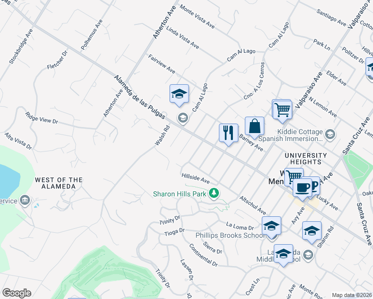 map of restaurants, bars, coffee shops, grocery stores, and more near 2141 Mills Avenue in Menlo Park