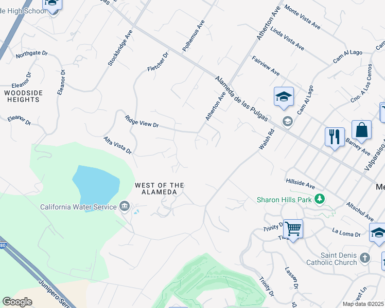 map of restaurants, bars, coffee shops, grocery stores, and more near 97 Sutherland Drive in Atherton