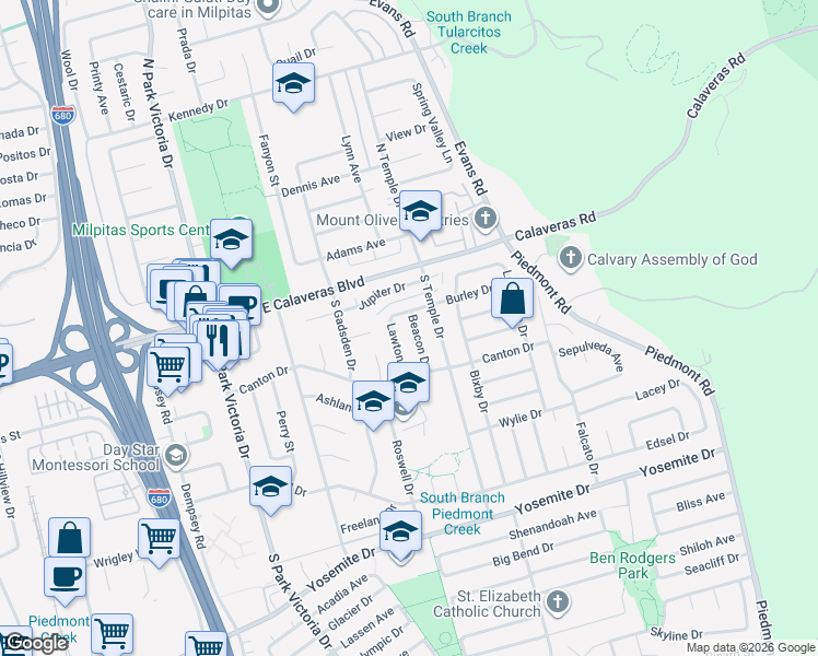 map of restaurants, bars, coffee shops, grocery stores, and more near 111 Beacon Drive in Milpitas