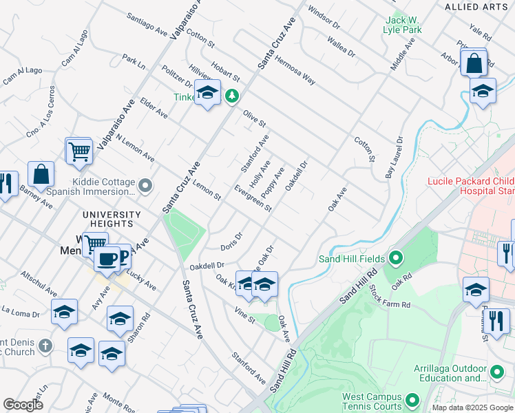 map of restaurants, bars, coffee shops, grocery stores, and more near 705 Evergreen Street in Menlo Park