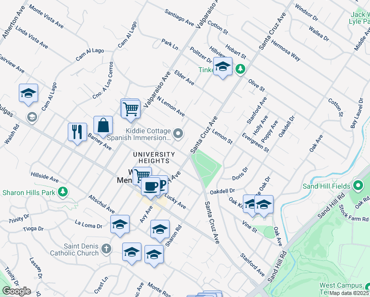 map of restaurants, bars, coffee shops, grocery stores, and more near 8 Nancy Way in Menlo Park