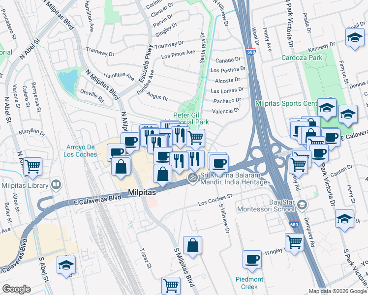 map of restaurants, bars, coffee shops, grocery stores, and more near 649 Town Center Drive in Milpitas