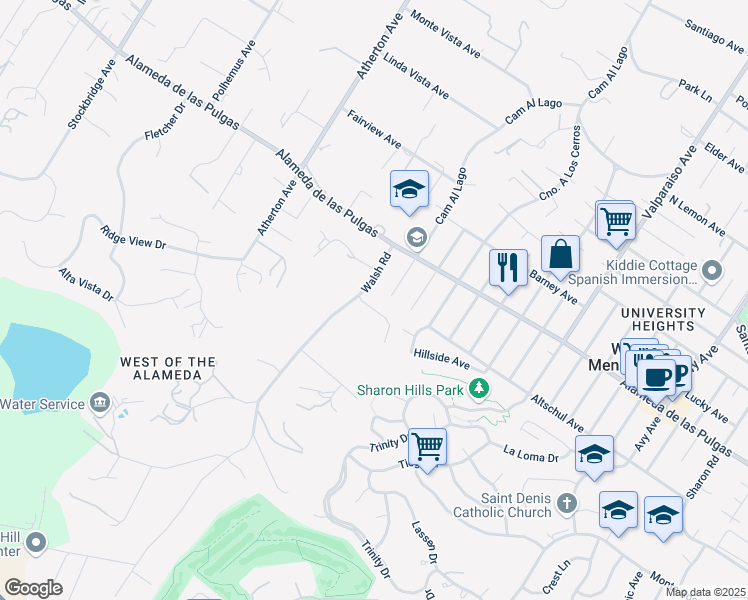 map of restaurants, bars, coffee shops, grocery stores, and more near 323 Walsh Road in Atherton