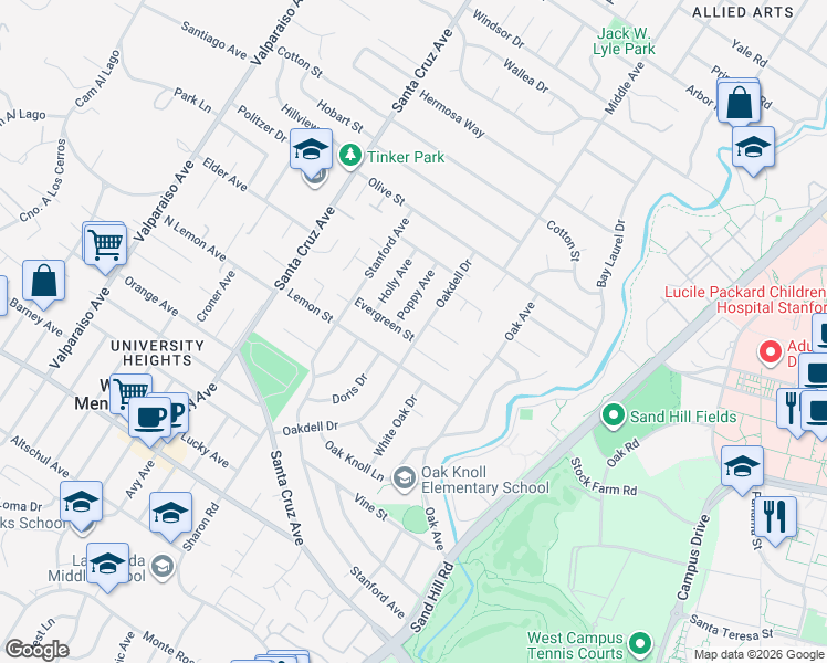 map of restaurants, bars, coffee shops, grocery stores, and more near 610 Evergreen Street in Menlo Park