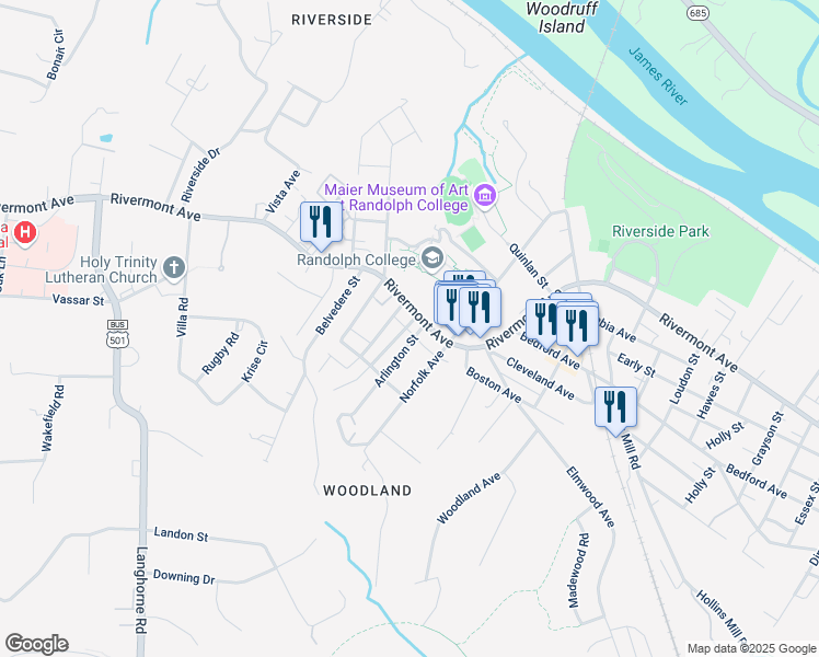 map of restaurants, bars, coffee shops, grocery stores, and more near 200 Warwick Lane in Lynchburg