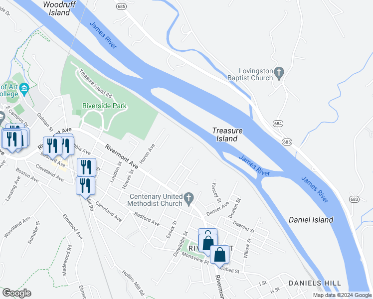 map of restaurants, bars, coffee shops, grocery stores, and more near 3 Fredonia Avenue in Lynchburg