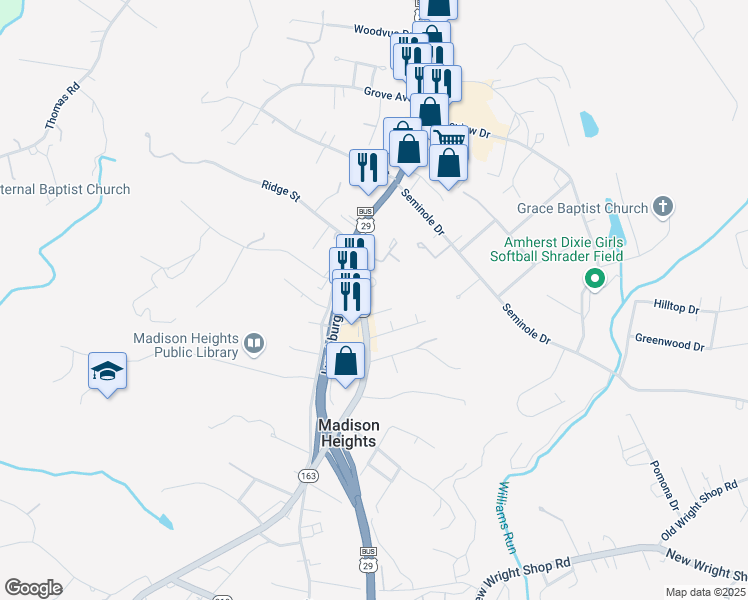 map of restaurants, bars, coffee shops, grocery stores, and more near 4993 South Amherst Highway in Madison Heights