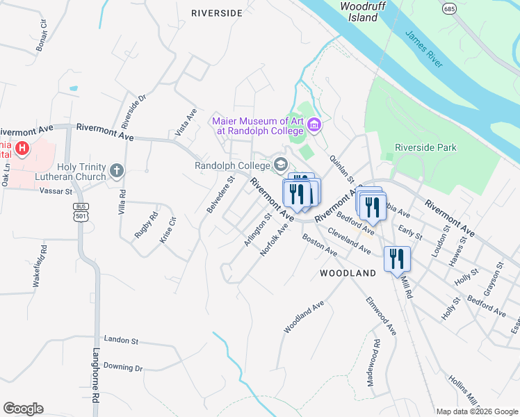 map of restaurants, bars, coffee shops, grocery stores, and more near 200 Warwick Lane in Lynchburg