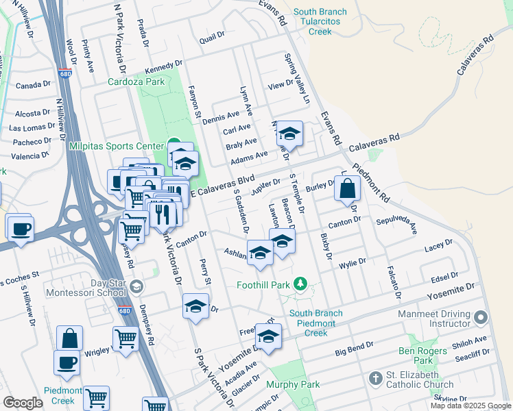 map of restaurants, bars, coffee shops, grocery stores, and more near 1545 Albany Court in Milpitas