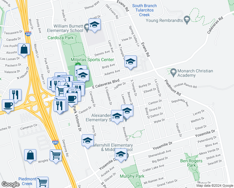 map of restaurants, bars, coffee shops, grocery stores, and more near 1557 Albany Court in Milpitas