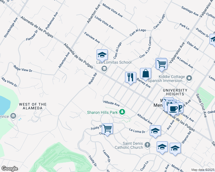 map of restaurants, bars, coffee shops, grocery stores, and more near 2141 Mills Avenue in Menlo Park