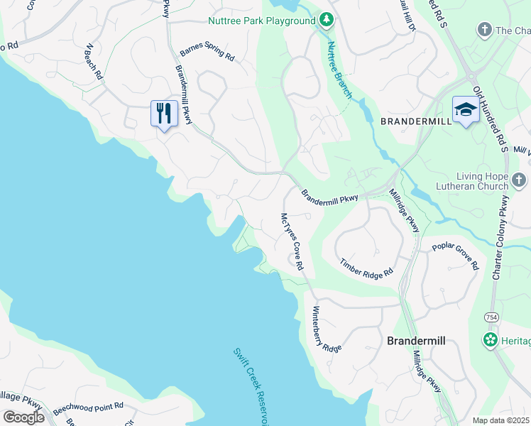 map of restaurants, bars, coffee shops, grocery stores, and more near 3901 McTyres Cove Court in Midlothian