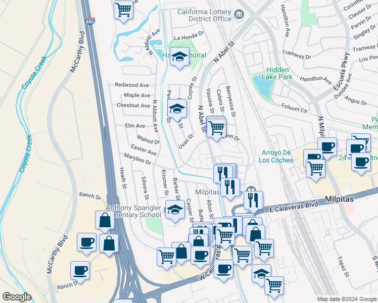 map of restaurants, bars, coffee shops, grocery stores, and more near 267 Marylinn Drive in Milpitas