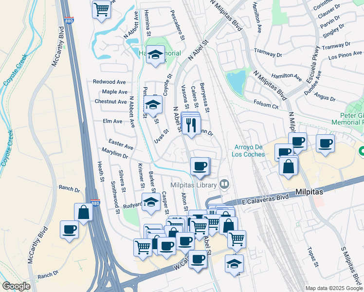 map of restaurants, bars, coffee shops, grocery stores, and more near 571 North Abel Street in Milpitas