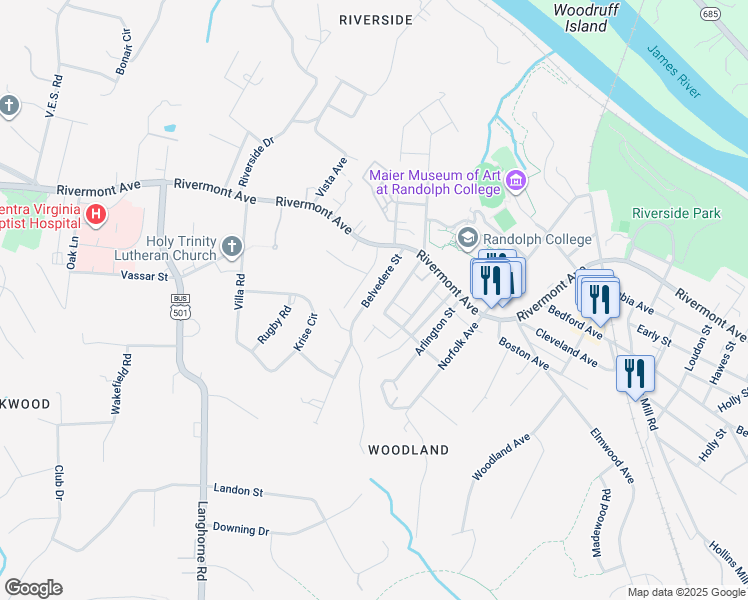 map of restaurants, bars, coffee shops, grocery stores, and more near 252 Belvedere Street in Lynchburg