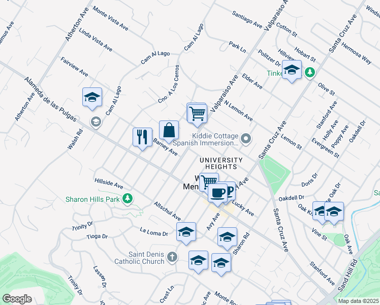map of restaurants, bars, coffee shops, grocery stores, and more near 2001 Valparaiso Avenue in Menlo Park