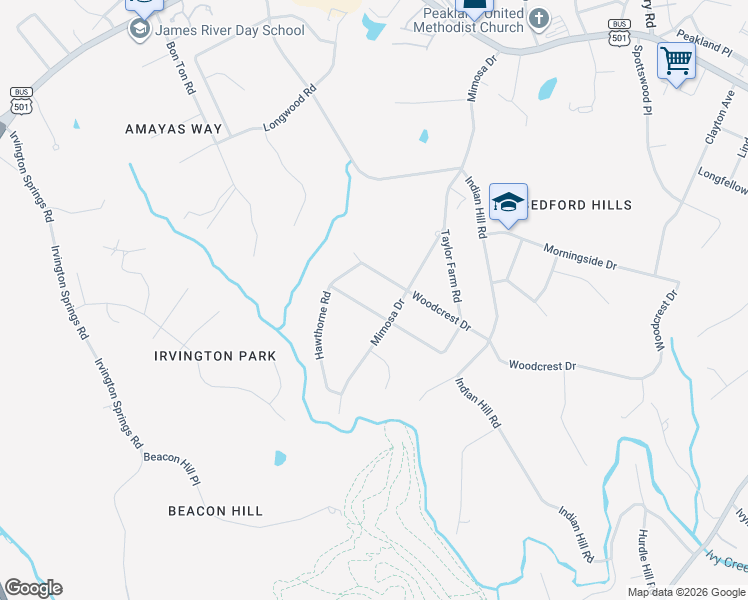 map of restaurants, bars, coffee shops, grocery stores, and more near 4400 Montgomery Road in Lynchburg