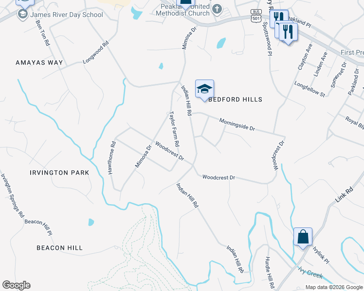 map of restaurants, bars, coffee shops, grocery stores, and more near 2236 Taylor Farm Road in Lynchburg