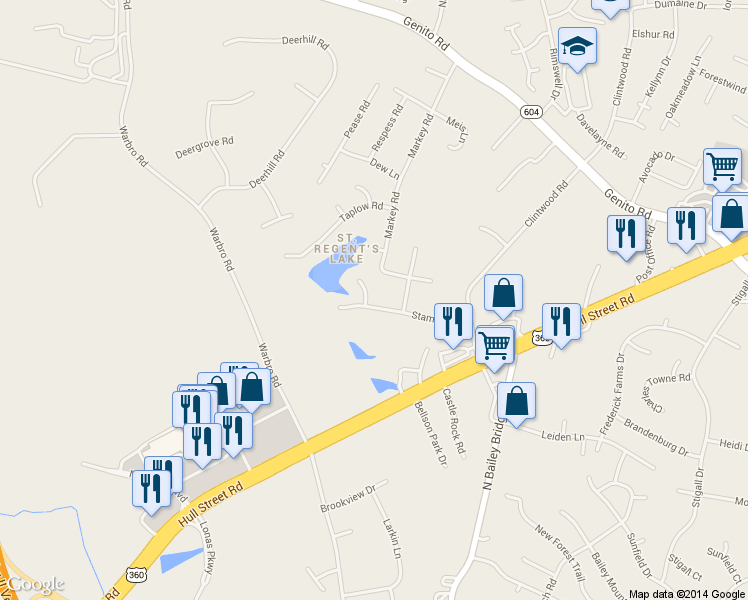 map of restaurants, bars, coffee shops, grocery stores, and more near 3709 Stamford Circle in Midlothian