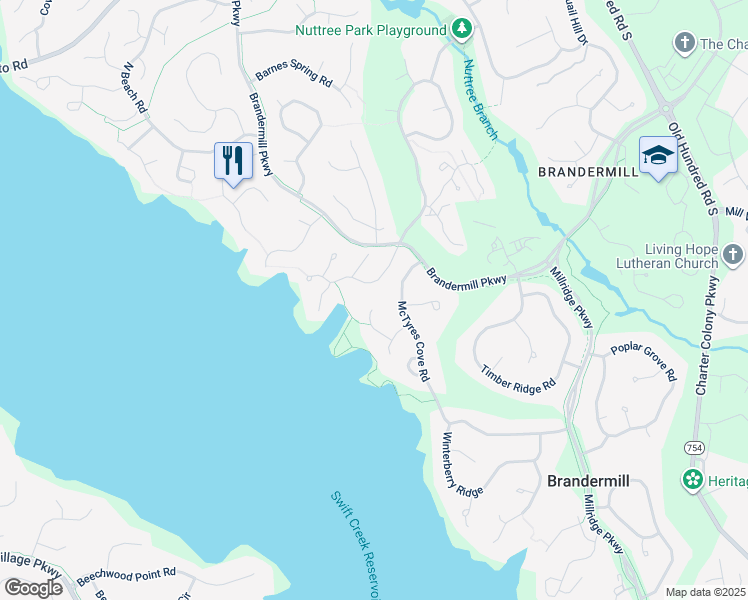 map of restaurants, bars, coffee shops, grocery stores, and more near 3901 McTyres Cove Court in Midlothian
