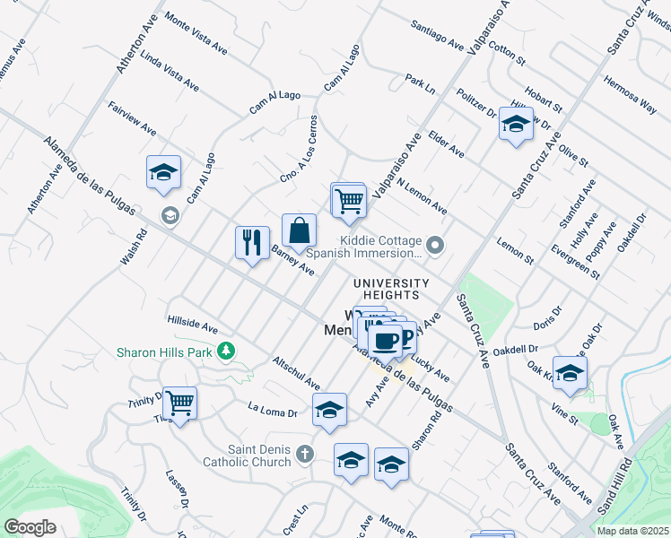 map of restaurants, bars, coffee shops, grocery stores, and more near 2001 Valparaiso Avenue in Menlo Park