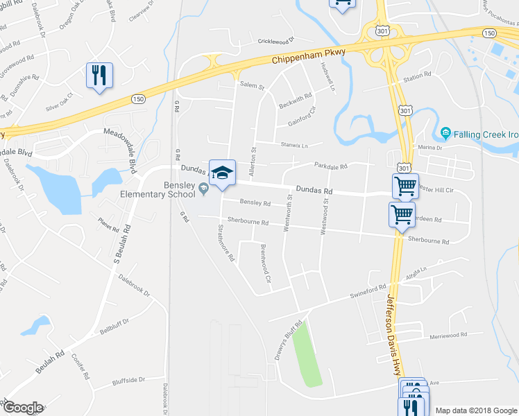 map of restaurants, bars, coffee shops, grocery stores, and more near 2937 Bensley Road in Richmond