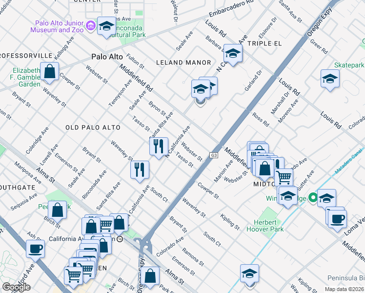 map of restaurants, bars, coffee shops, grocery stores, and more near 2273 Webster Street in Palo Alto