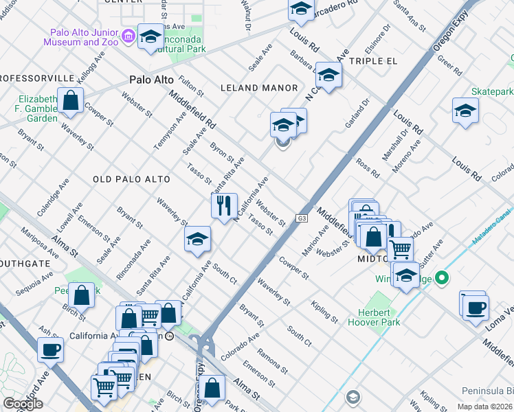 map of restaurants, bars, coffee shops, grocery stores, and more near 2273 Webster Street in Palo Alto