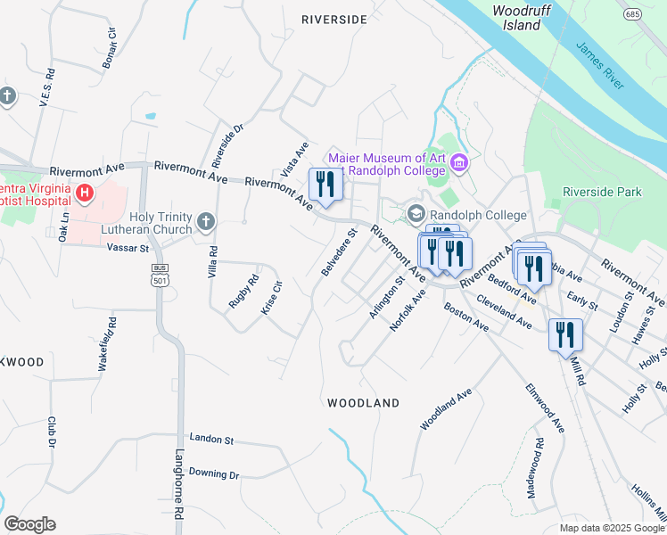 map of restaurants, bars, coffee shops, grocery stores, and more near 252 Belvedere Street in Lynchburg