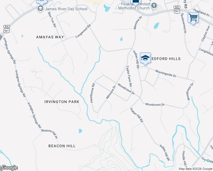 map of restaurants, bars, coffee shops, grocery stores, and more near 4400 Montgomery Road in Lynchburg