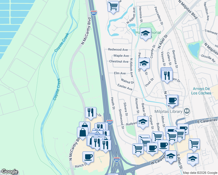 map of restaurants, bars, coffee shops, grocery stores, and more near 409 Heath Street in Milpitas