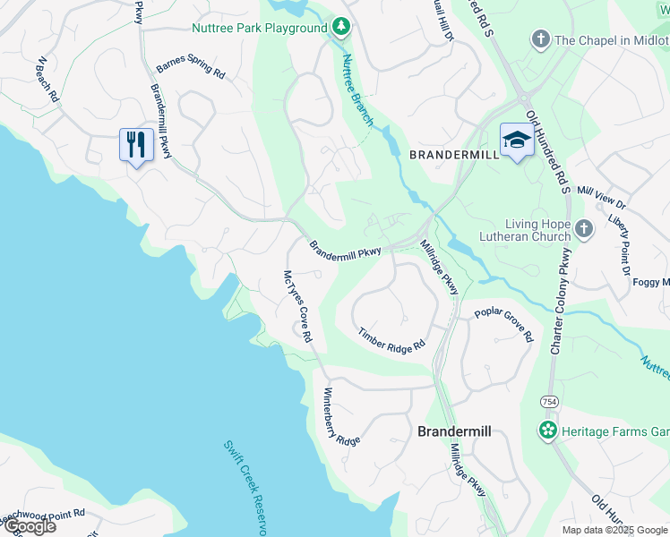 map of restaurants, bars, coffee shops, grocery stores, and more near 13802 McTyres Cove Place in Midlothian