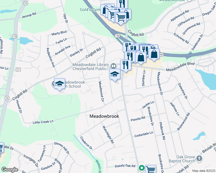 map of restaurants, bars, coffee shops, grocery stores, and more near 4501 Cathlow Circle in Richmond