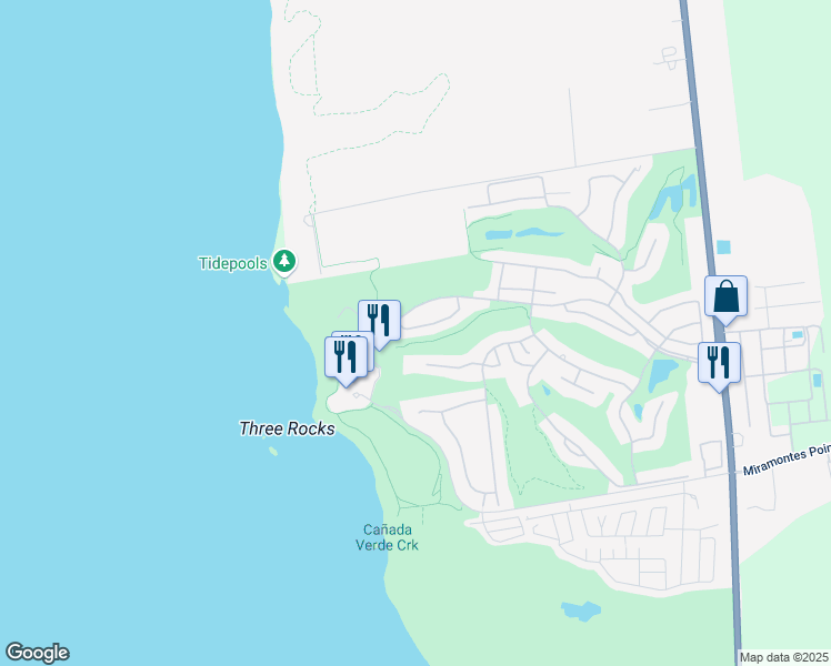 map of restaurants, bars, coffee shops, grocery stores, and more near 16 Fairway Place in Half Moon Bay
