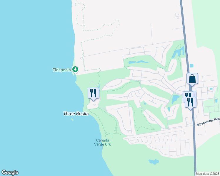 map of restaurants, bars, coffee shops, grocery stores, and more near 16 Fairway Place in Half Moon Bay